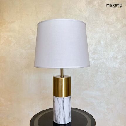 Lámpara de Mesa Elegante en Blanco/Dorado y Pantalla de Tela, Modelo CHESTER