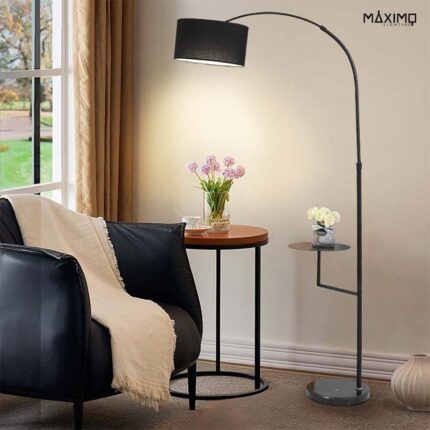 Lámpara de Pie Negra con Brazo Extensible y Mesa Pantalla de Tela Modelo LYRA